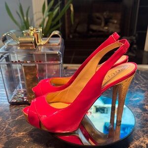 “SOLD” Guess WGeliana Pink Patent Leather Slingback Cork Heel Pumps - Size 7.5